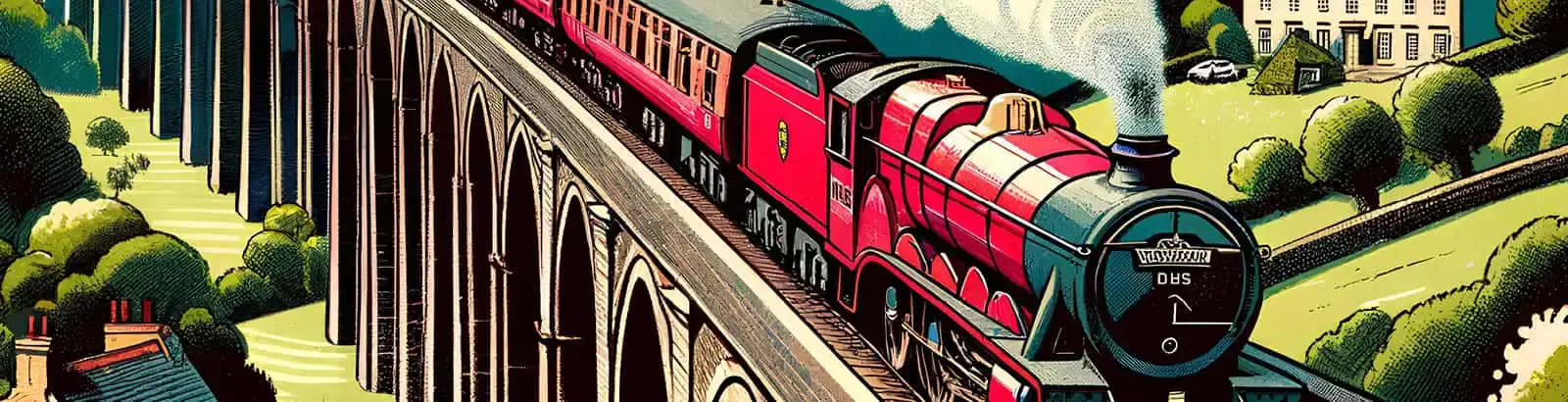 Red steam train travelling across viaduct